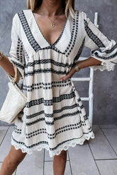BXOXO - V Neck Lace Patchwork Striped Dress